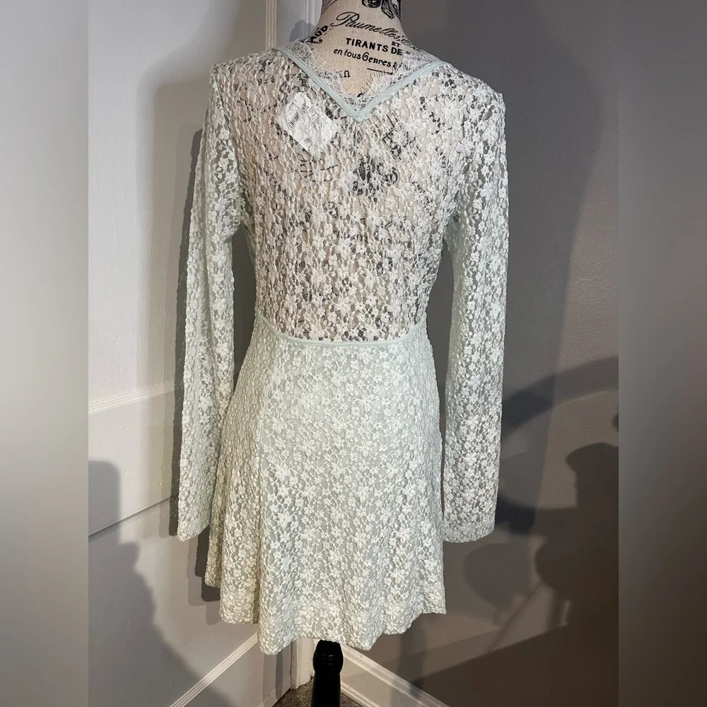 NWT Free People Petra Long Sleeve Lace Mini Dress Billowing Sail Mint Green Sz M - Picture 5 of 16